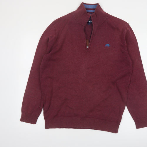 Raging Bull Men's Red 1/4 Zip Cotton Jumper Size L Classic Knit