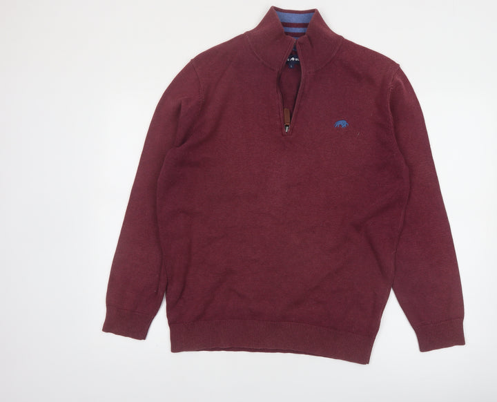 Raging Bull Men's Red 1/4 Zip Cotton Jumper Size L Classic Knit