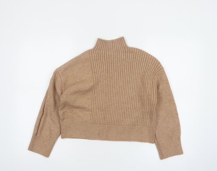 River Island Women Beige Mock Neck Ribbed Knit Jumper Size S