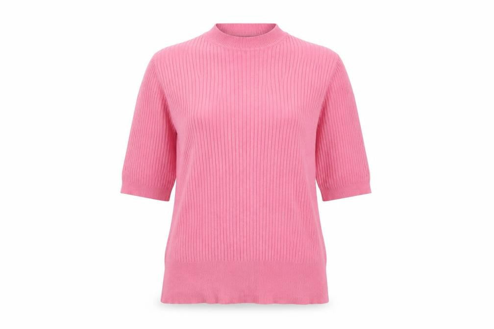 Front view of Marks & Spencer Women's Pink Mock Neck Ribbed Knit Top, size 10