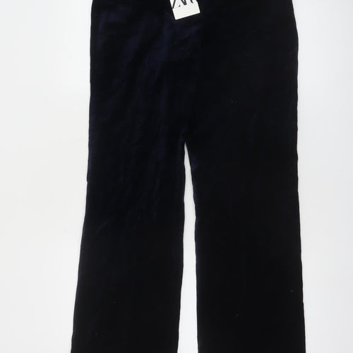ZARA Women Black Velvet Straight Leg Cotton Trousers Size 12