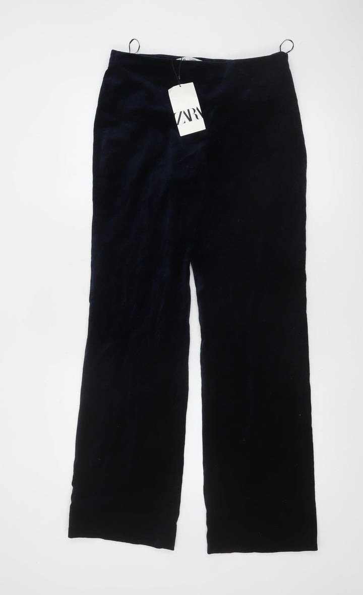 ZARA Women Black Velvet Straight Leg Cotton Trousers Size 12
