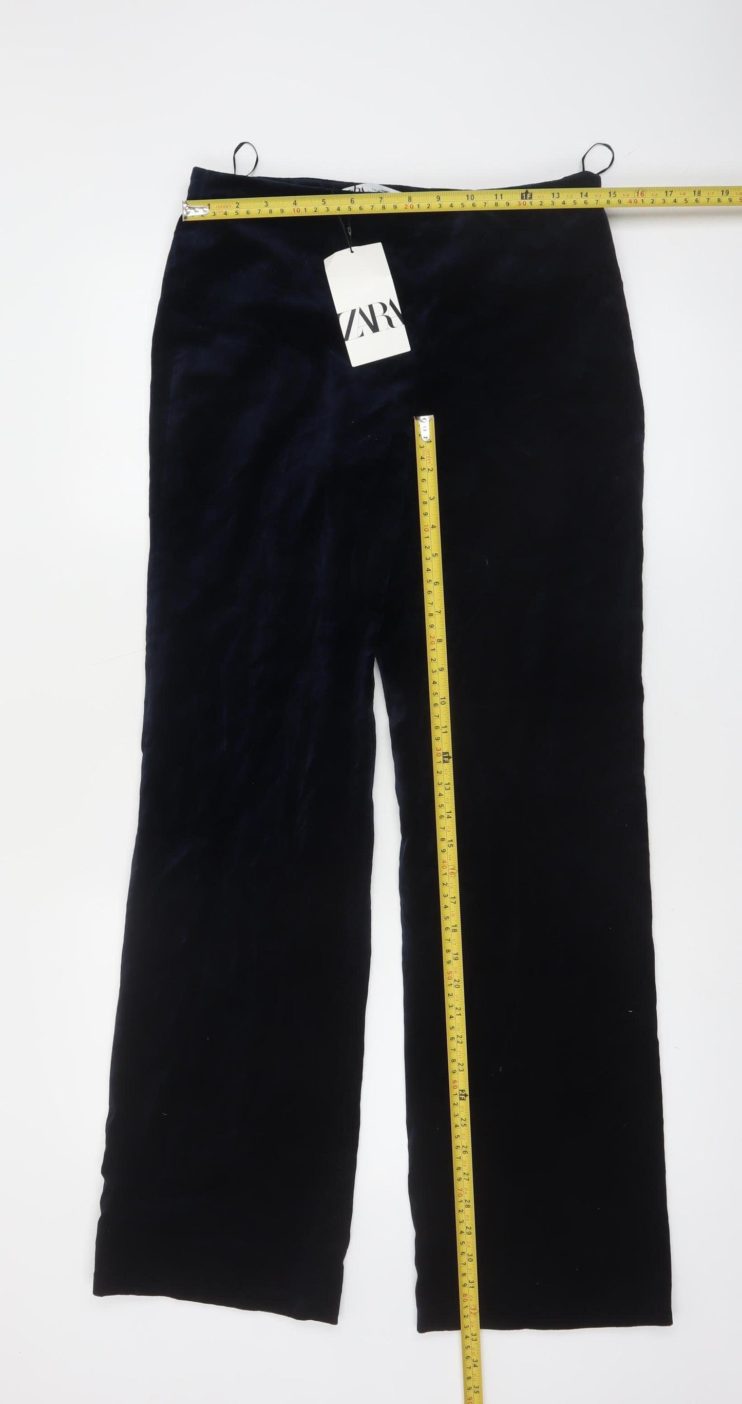 ZARA Women Black Velvet Straight Leg Cotton Trousers Size 12