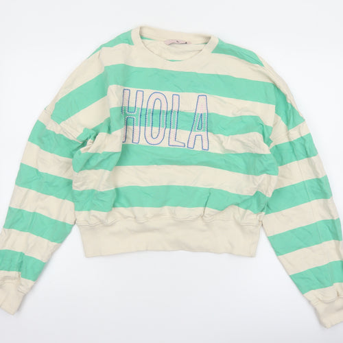 Tu Women Green Beige Striped Pullover Sweatshirt XS Cotton Crew Neck