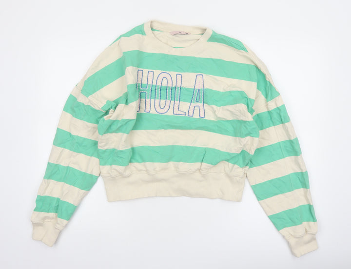 Tu Women Green Beige Striped Pullover Sweatshirt XS Cotton Crew Neck