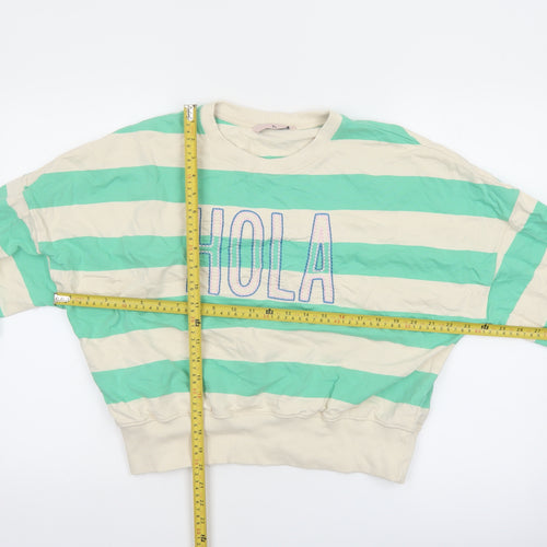 Tu Women Green Beige Striped Pullover Sweatshirt XS Cotton Crew Neck