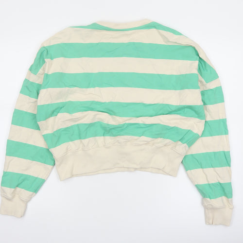 Tu Women Green Beige Striped Pullover Sweatshirt XS Cotton Crew Neck