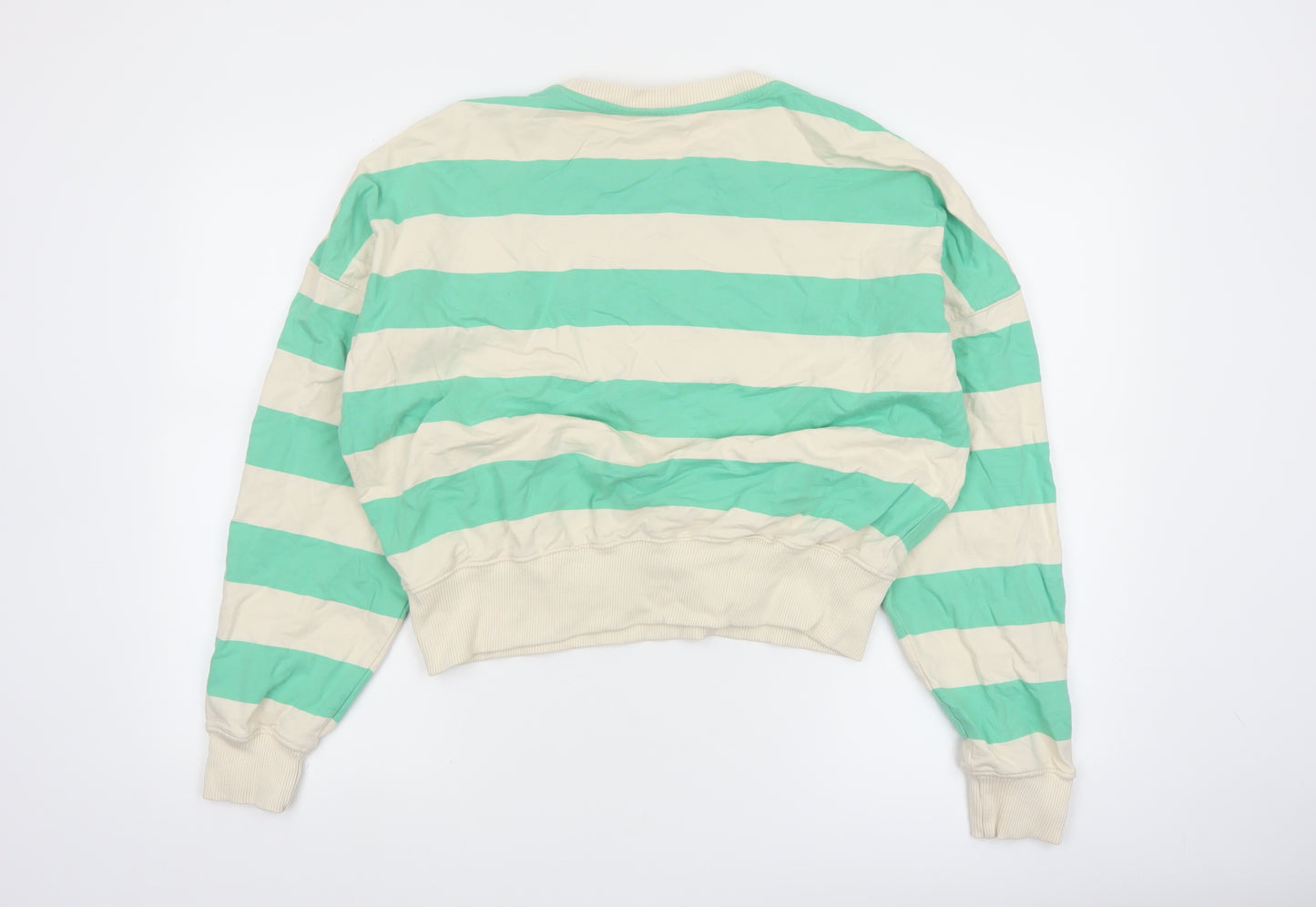 Tu Women Green Beige Striped Pullover Sweatshirt XS Cotton Crew Neck