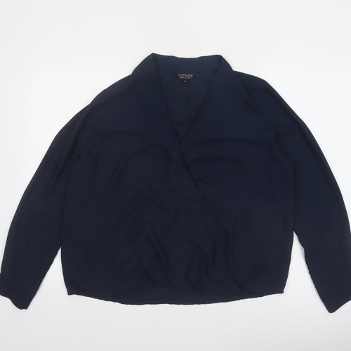 Topshop Women Blue Wrap Blouse Size 12 Long Sleeve V-Neck