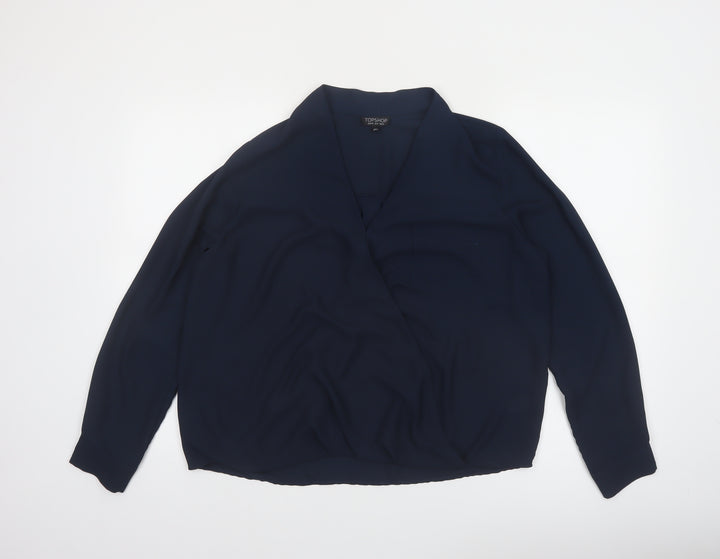 Topshop Women Blue Wrap Blouse Size 12 Long Sleeve V-Neck