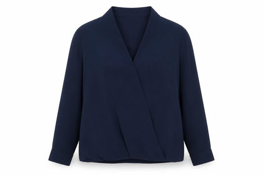 Front view of Topshop Women Blue Wrap Blouse, size 12, Long Sleeve V-Neck