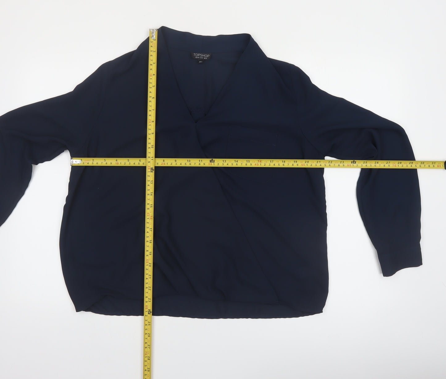 Topshop Women Blue Wrap Blouse Size 12 Long Sleeve V-Neck