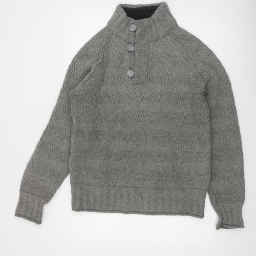 Fat Face Mens Grey Wool Henley Jumper Medium Knit High Neck
