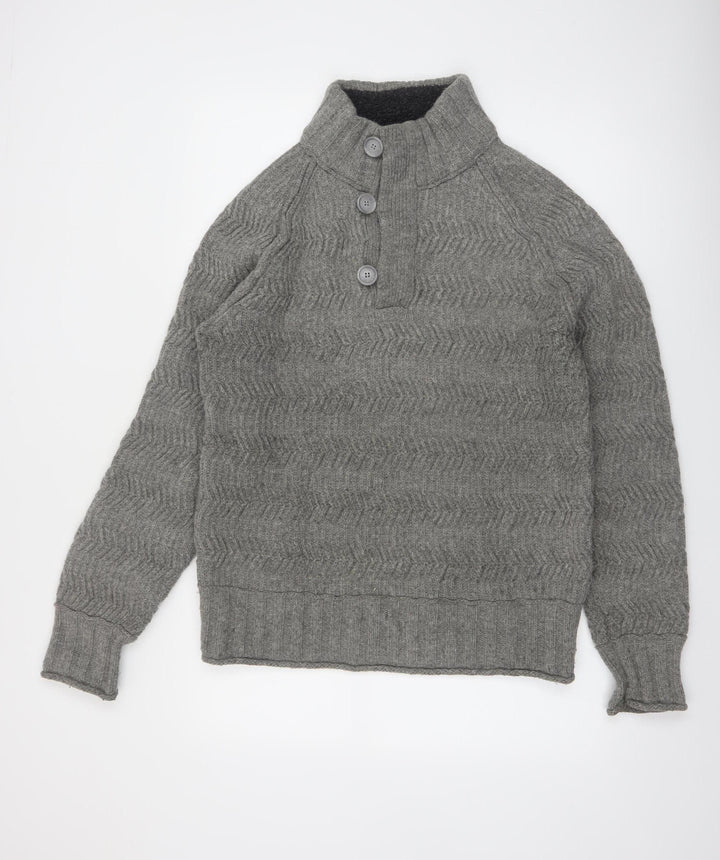 Fat Face Mens Grey Wool Henley Jumper Medium Knit High Neck