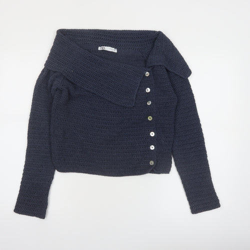 Zara Women Navy Blue Crochet Cardigan L Long Sleeve Button Knit