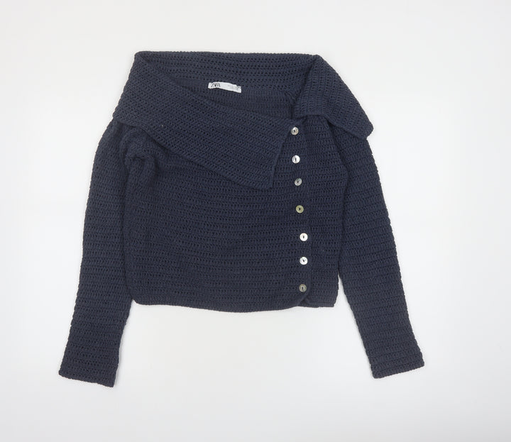 Zara Women Navy Blue Crochet Cardigan L Long Sleeve Button Knit