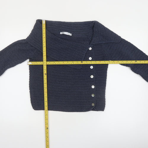 Zara Women Navy Blue Crochet Cardigan L Long Sleeve Button Knit