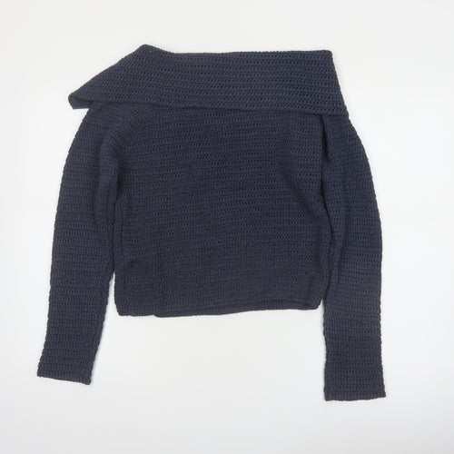 Zara Women Navy Blue Crochet Cardigan L Long Sleeve Button Knit