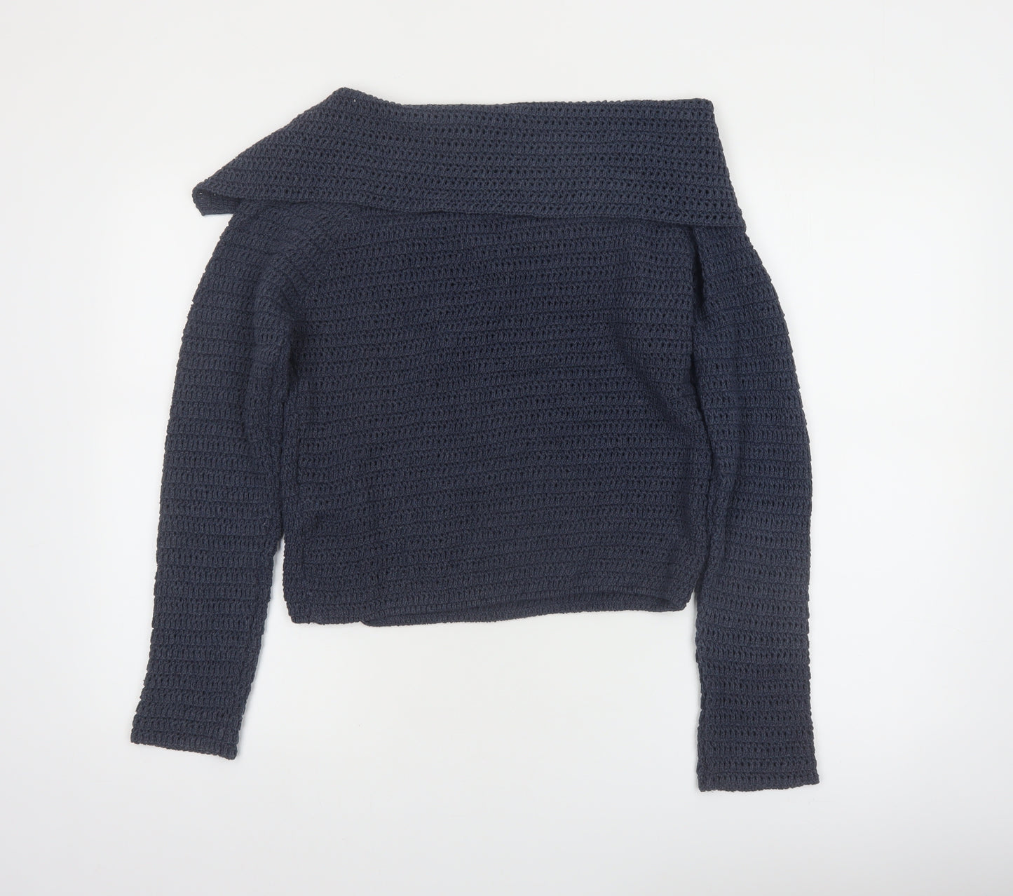 Zara Women Navy Blue Crochet Cardigan L Long Sleeve Button Knit