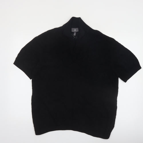 H&M Men's Black Relaxed Fit Cotton Short Sleeve Henley Jumper M