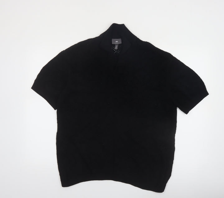 H&M Men's Black Relaxed Fit Cotton Short Sleeve Henley Jumper M