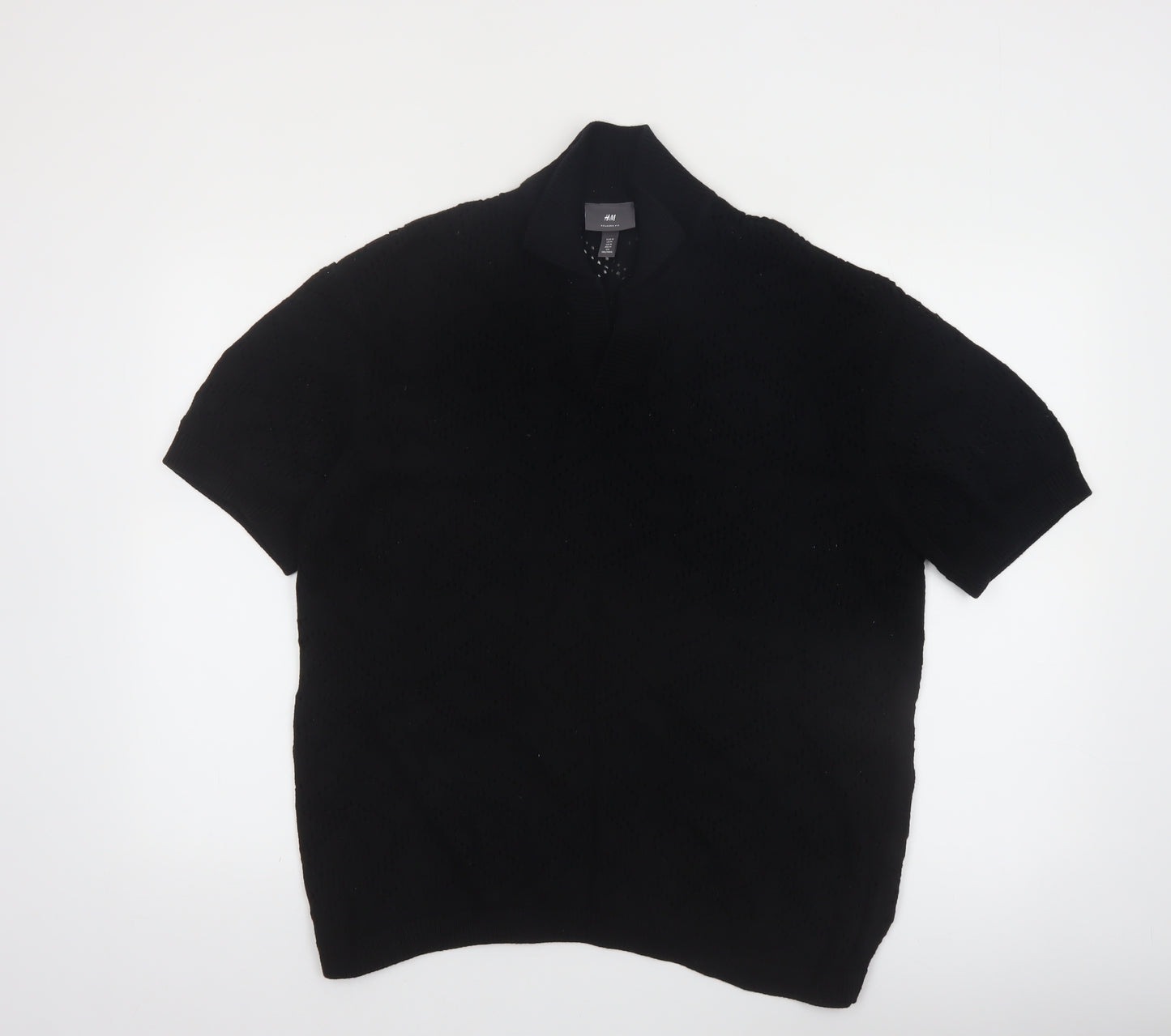 H&M Men's Black Relaxed Fit Cotton Short Sleeve Henley Jumper M