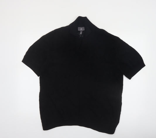 H&M Men's Black Relaxed Fit Cotton Short Sleeve Henley Jumper M