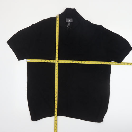 H&M Men's Black Relaxed Fit Cotton Short Sleeve Henley Jumper M