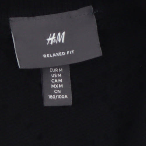 H&M Men's Black Relaxed Fit Cotton Short Sleeve Henley Jumper M