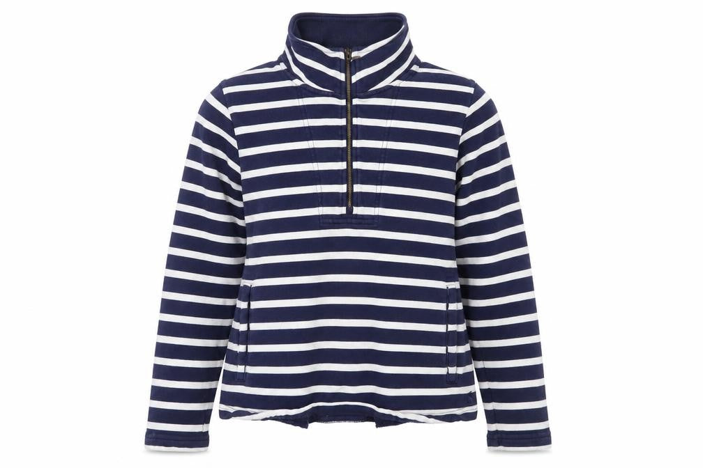 Front view of Joules women’s navy white striped 1/2 zip pullover sweatshirt, size UK 10