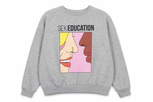 Front view of Netflix Sex Education Grey Graphic women’s sweatshirt, size S, 10-12