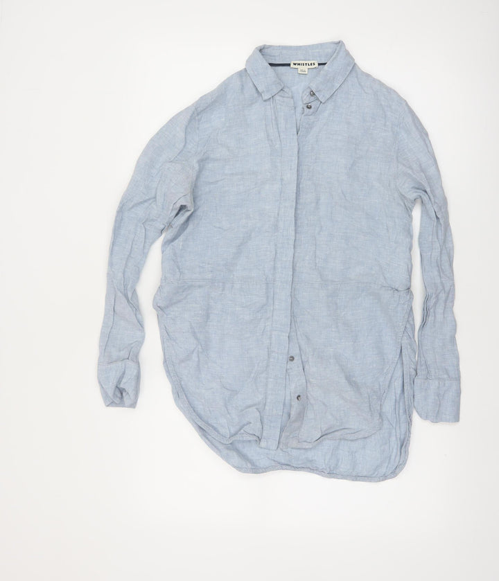 Whistles Women Blue Linen Long Sleeve Collared Button-Up Shirt UK 4