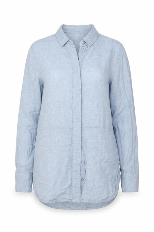 Front view of Whistles Women Blue Linen Long Sleeve Collared Button-Up Shirt UK 4