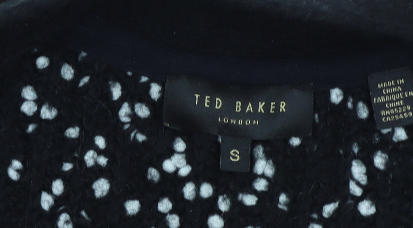 Ted Baker Women's Black White Cardigan S Open-Knit Bouclé Relaxed