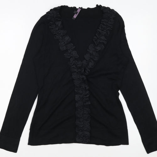 Coast Womens Black Size 10 Ruffle V-Neck Long Sleeve Cardigan