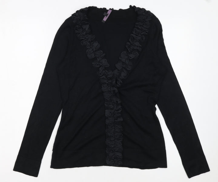 Coast Womens Black Size 10 Ruffle V-Neck Long Sleeve Cardigan