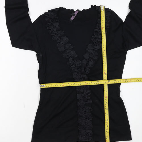 Coast Womens Black Size 10 Ruffle V-Neck Long Sleeve Cardigan