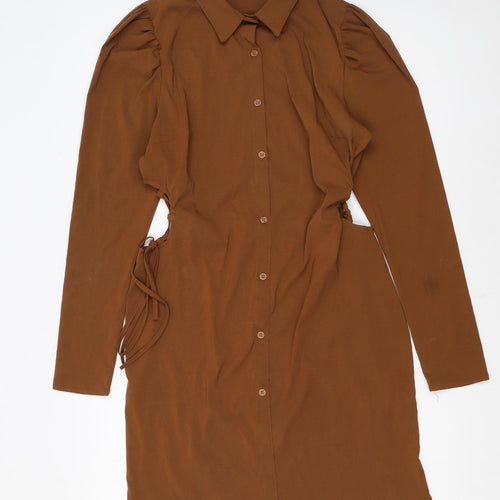 Boohoo Women Brown Size 16 Long Sleeve Collared Shirt Dress