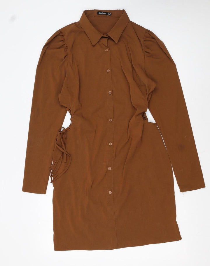Boohoo Women Brown Size 16 Long Sleeve Collared Shirt Dress