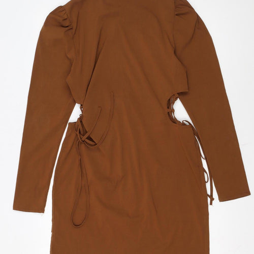 Boohoo Women Brown Size 16 Long Sleeve Collared Shirt Dress