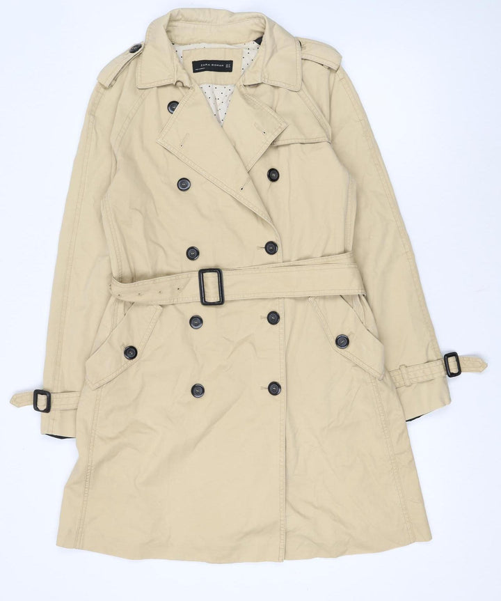 Zara Woman Beige Trench Coat Women's Size 12 Belted Cotton