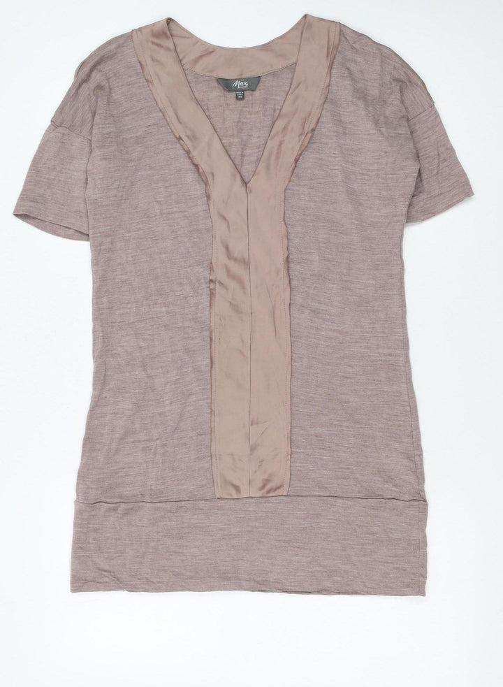 Max Womens Brown XS Shift Dress Wool V-Neck Short Sleeve