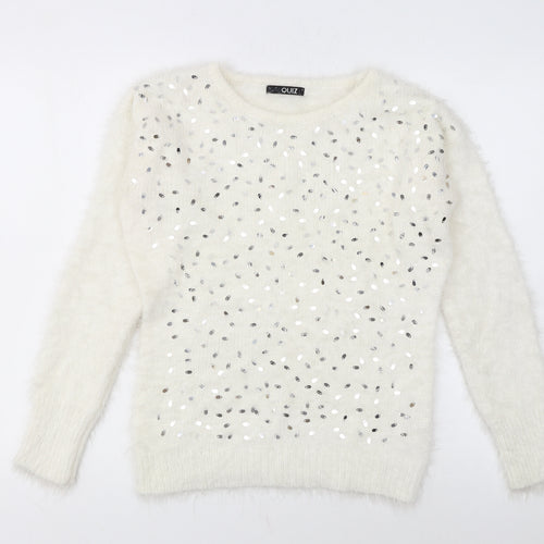 Quiz Womens Ivory Sequin Pullover Jumper Size S Long Sleeve Knit