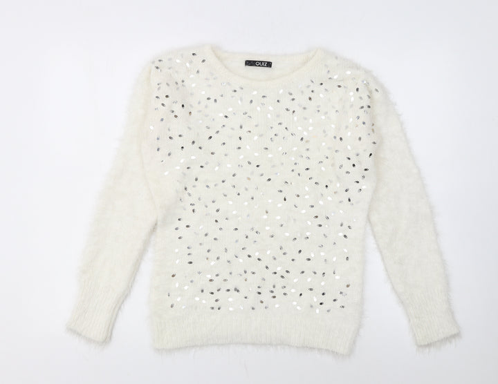 Quiz Womens Ivory Sequin Pullover Jumper Size S Long Sleeve Knit