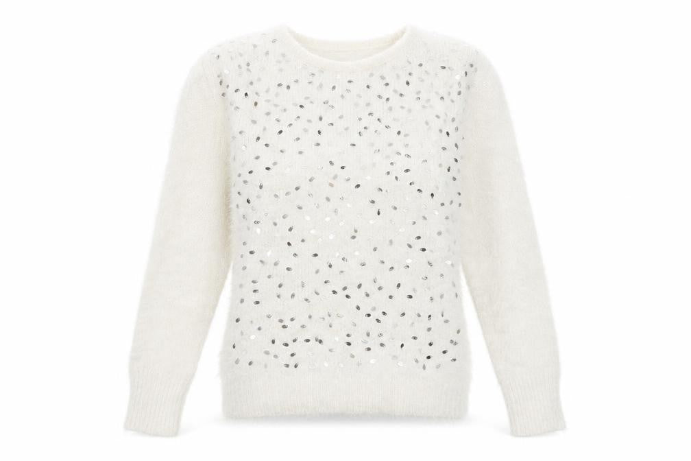 Front view of Quiz women’s ivory sequin jumper, size S, long sleeve knit