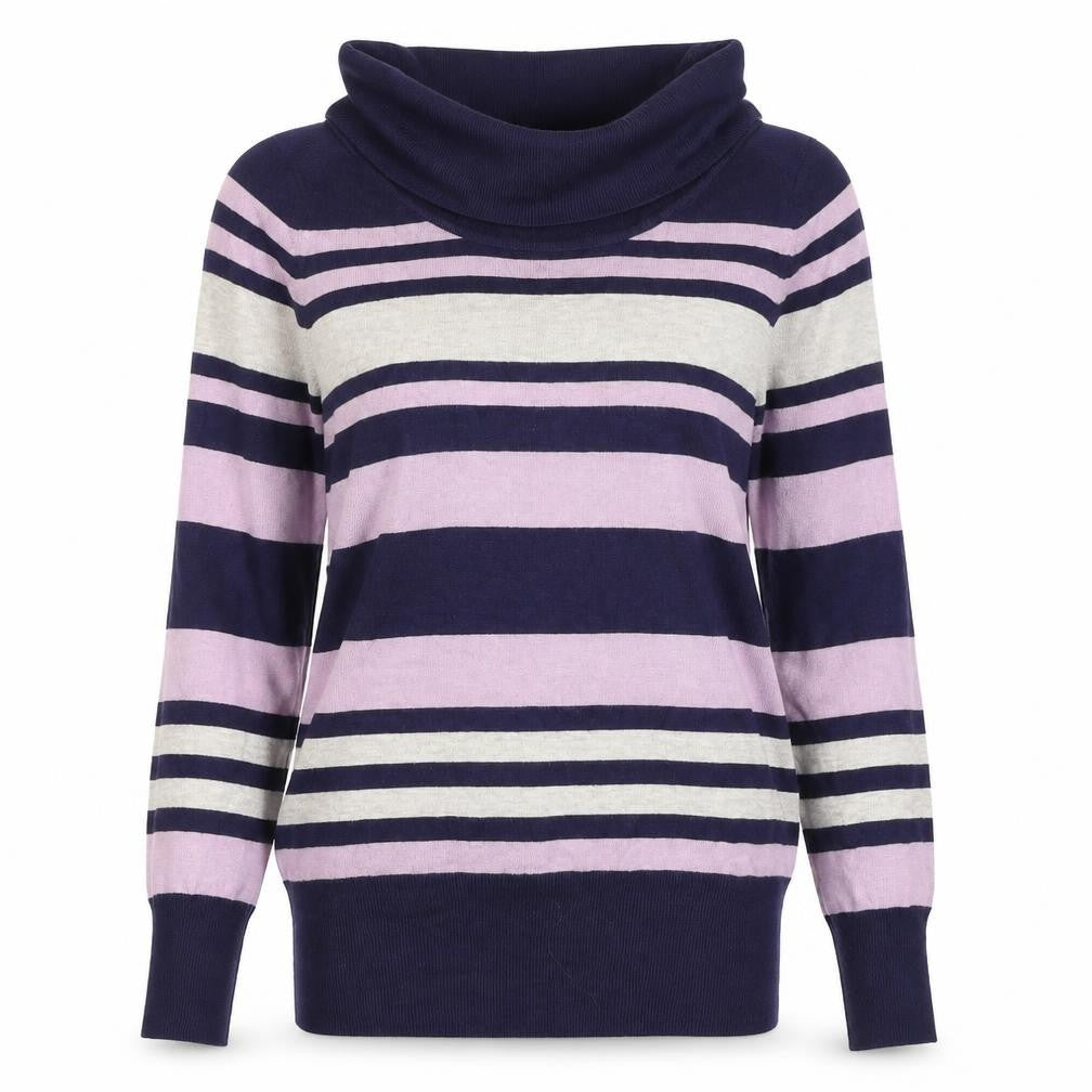 Front view of Marks & Spencer women’s multicoloured striped cowl neck jumper, size UK 12