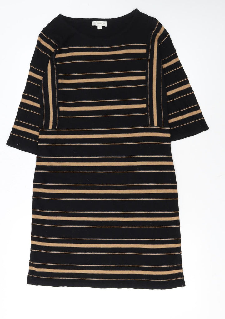 Monsoon Women Black Striped Shift Dress Size S 3/4 Sleeve Cotton