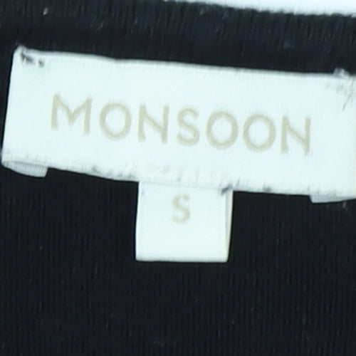 Monsoon Women Black Striped Shift Dress Size S 3/4 Sleeve Cotton