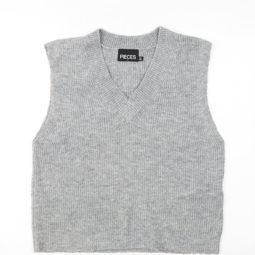 Pieces Women Grey Knit Sleeveless V-Neck Vest Jumper Size M