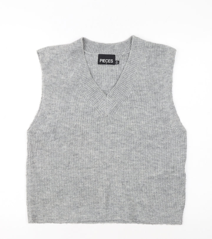 Pieces Women Grey Knit Sleeveless V-Neck Vest Jumper Size M